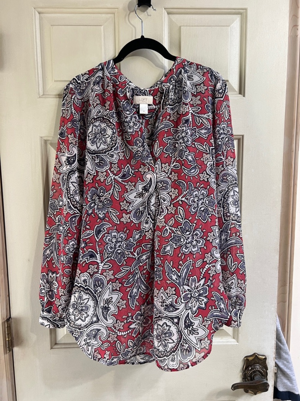 LOFT Red Paisley V-Neck Long Sleeve Blouse